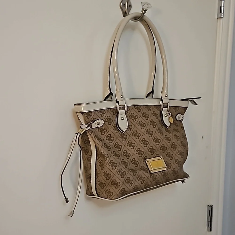 VTG GUESS 1990s Brown Cream Trim Logo Monogram Reama Tote Bag
